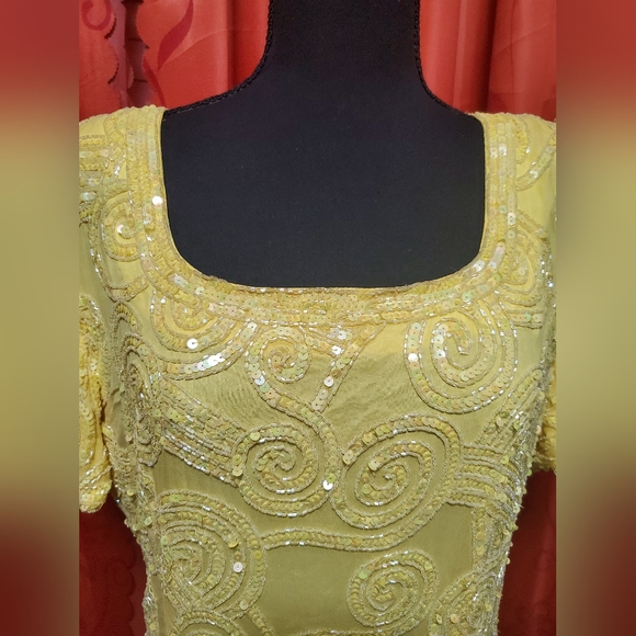 Vintage 80s Yellow Silk Beaded Sequin Sheath Cocktail Midi Dress sz M/L - Picture 6 of 9